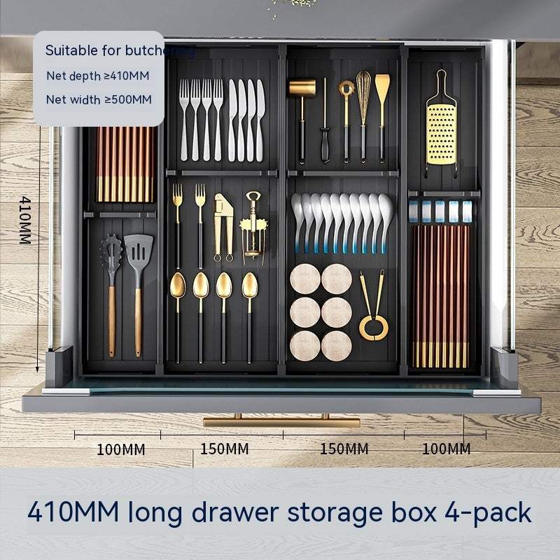 Kitchen drawer storage box, four sections, aluminum, 410mm length, 4 layers, modern design.