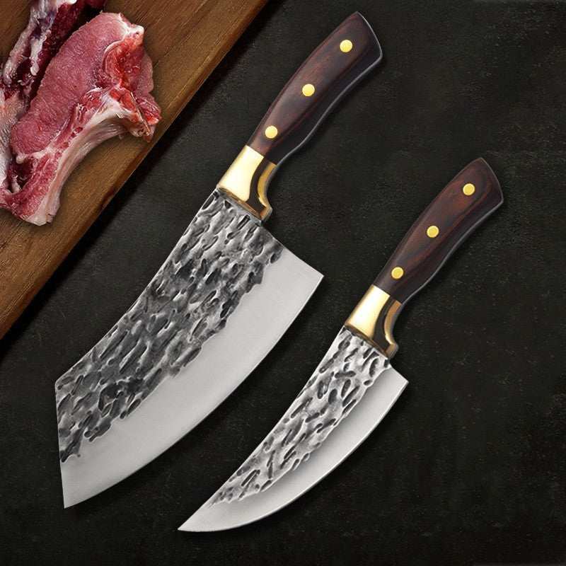 Special knives for splitting meat, featuring forged scimitar and multi-purpose knife with stainless steel blades and ergonomic handles.