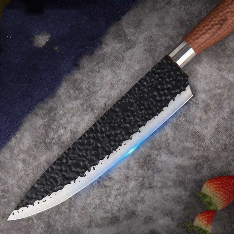 Stainless steel slicing knife with textured blade and wooden handle, ideal for household fish fillet preparation.