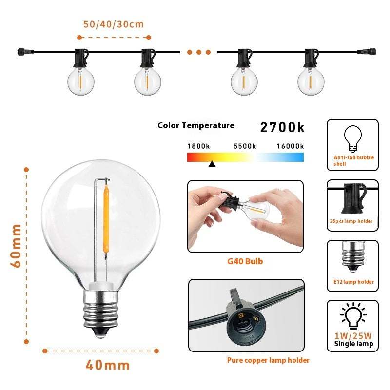 Solar retro outdoor decorative string lights with G40 bulb design, showcasing a warm white glow, powered by a solar panel.