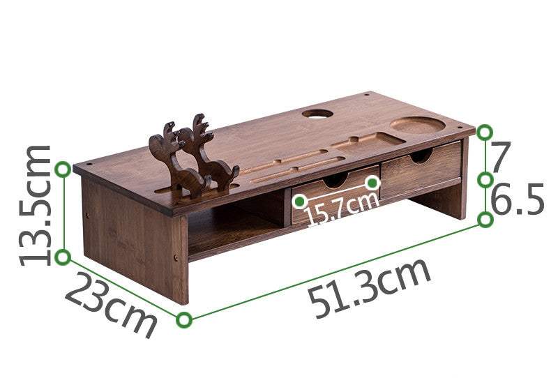 Desktop computer monitor wooden stand with carved animal design, featuring storage compartments and modern style.