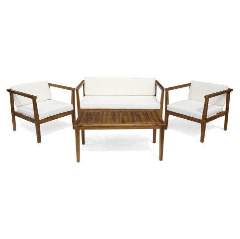 Outdoor 4-seater acacia wood chat set with teak finish, beige cushions, and coffee table.