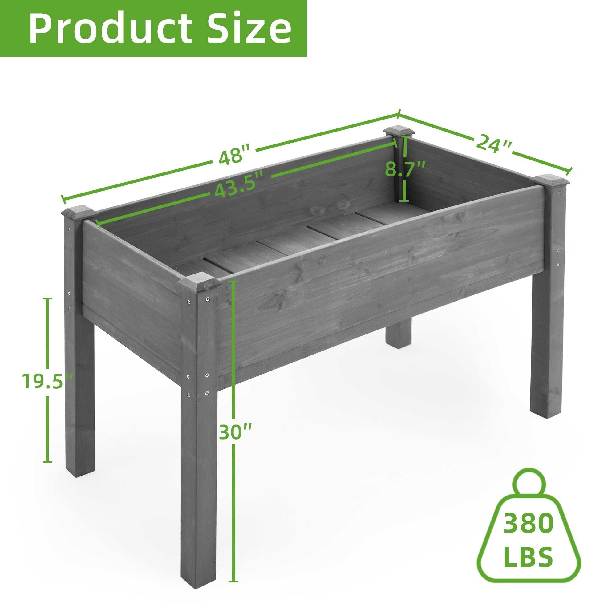 Elevated wooden garden bed with legs in grey, measuring 48" x 24" x 30", crafted from solid wood and eco-friendly materials for outdoor plants.