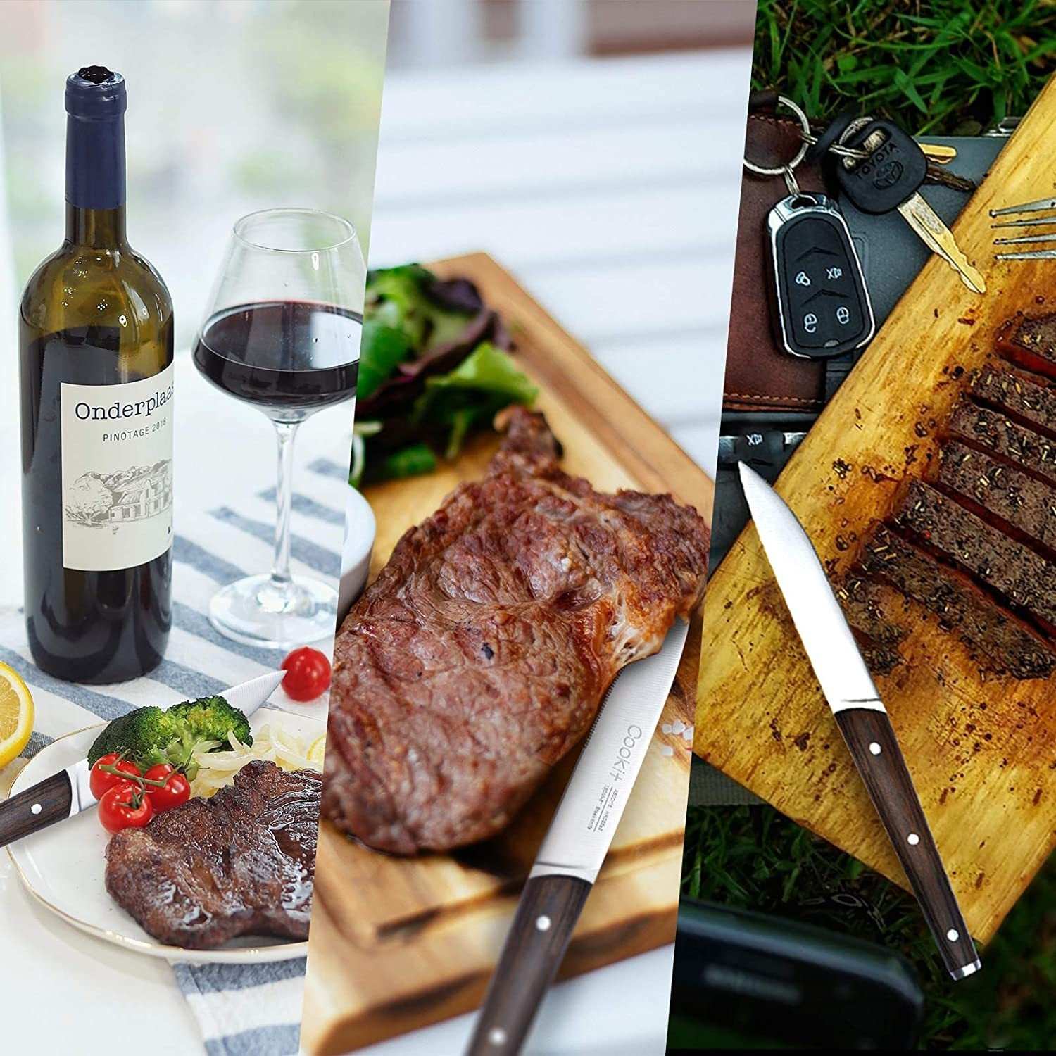 Serrated steak knife with wooden handle cutting grilled steak on wooden board, next to a bottle of wine and salad.