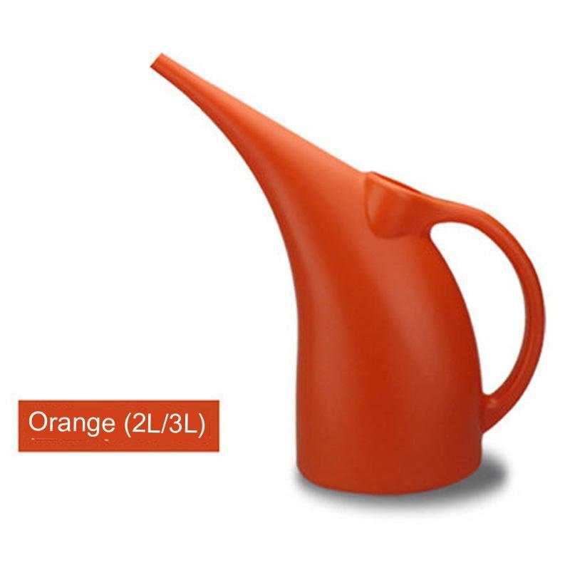 Orange watering can with long spout, available in 2L and 3L capacities for home gardening.