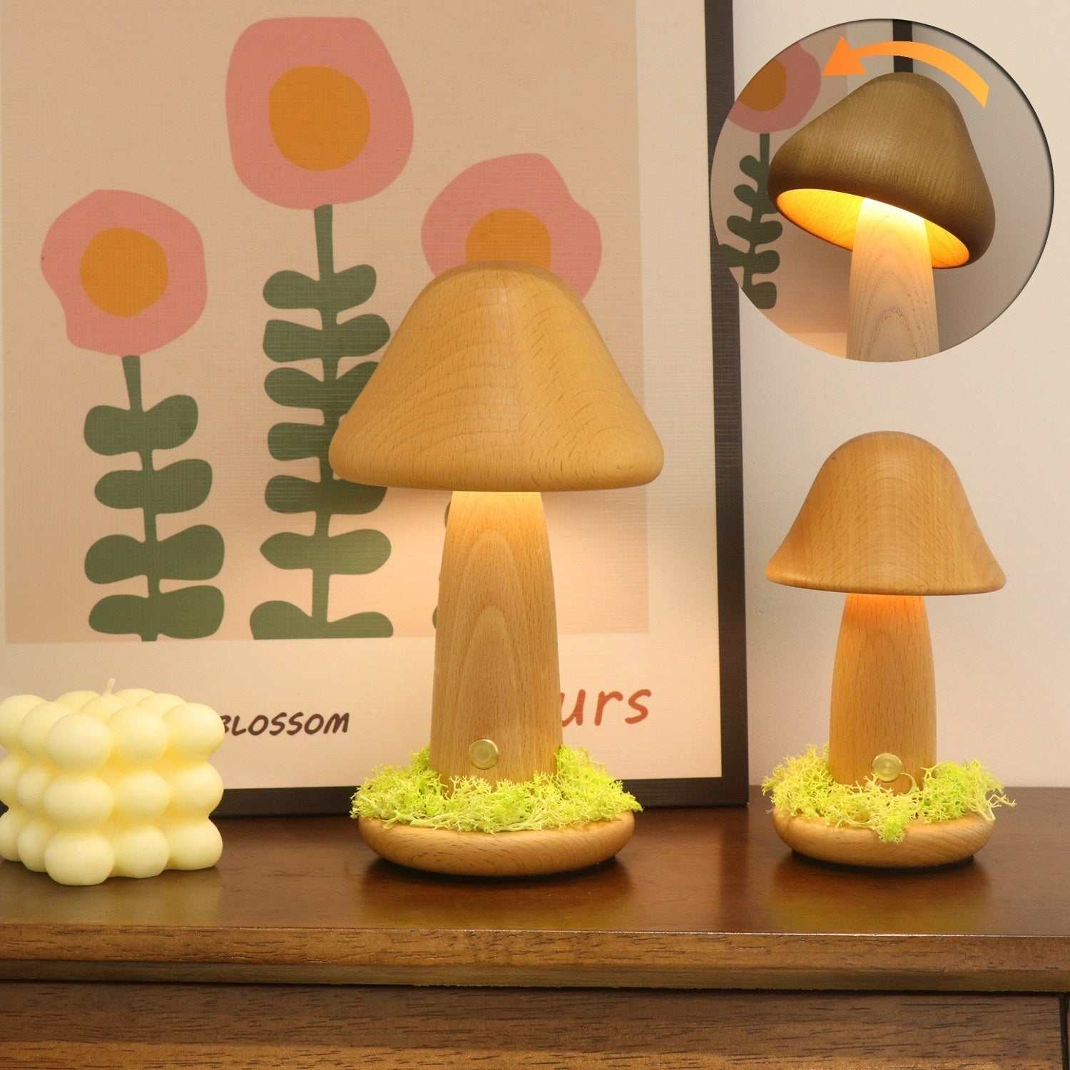 Twisted Mushroom Night warm light touch lamp on wooden surface with floral background.