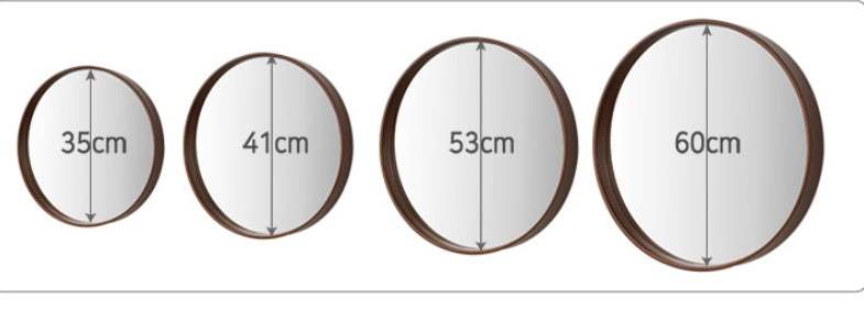 Round bathroom solid wood mirrors in walnut finish, various sizes.