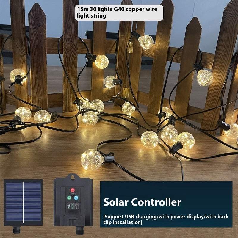 Solar retro outdoor camping string lights with warm white G40 bulbs, powered by solar panel, displayed on a wooden fence.