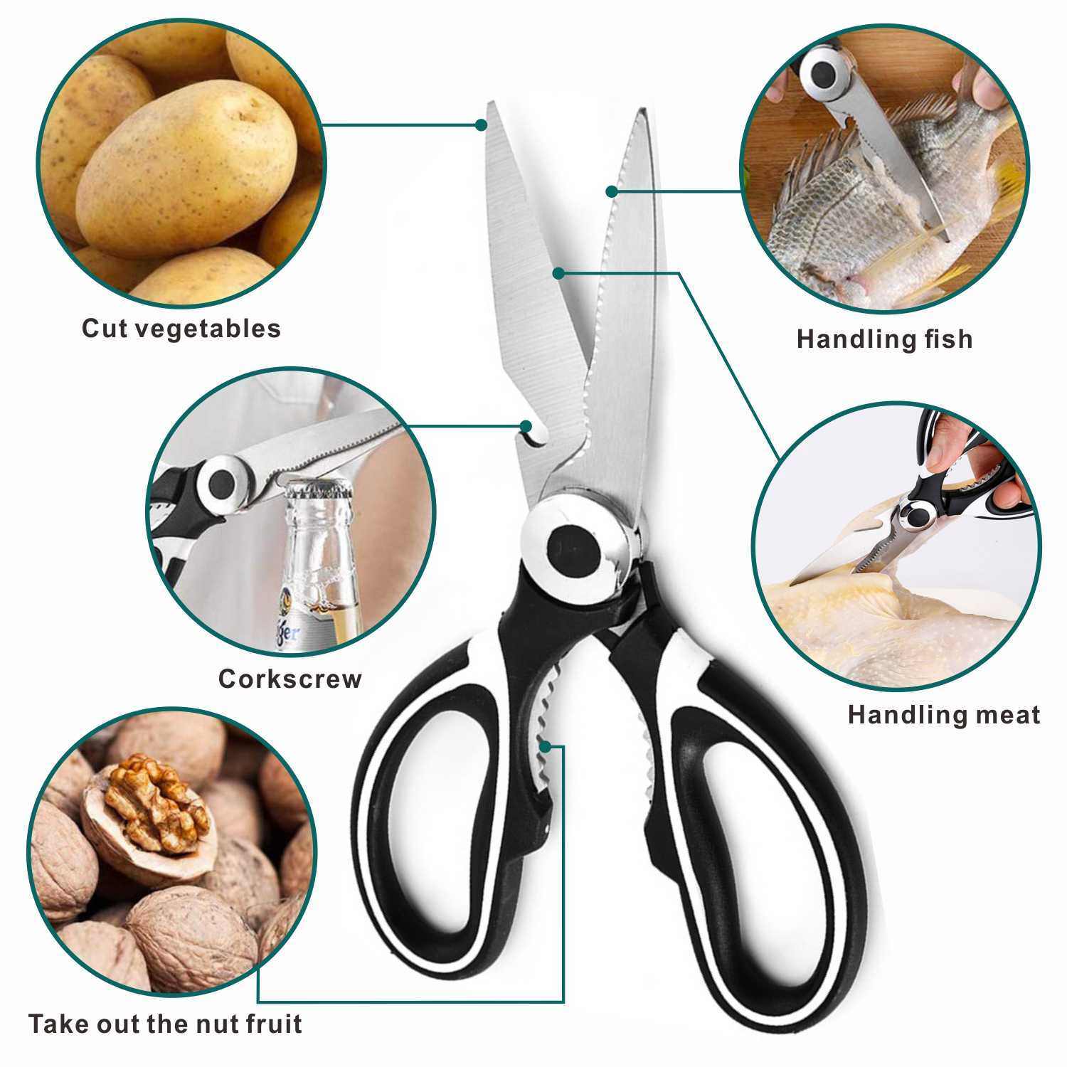 Stainless steel kitchen scissors with multifunctional design, ideal for cutting vegetables, fish, meat, and opening bottles.