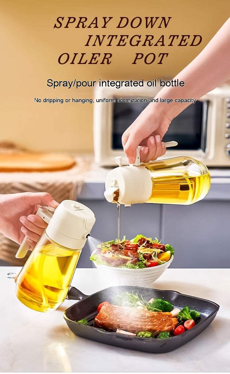 Olive oil sprayer bottle dispensing oil over salad and meat in kitchen.