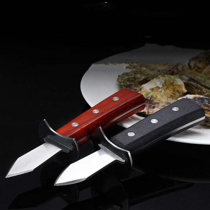 Stainless steel oyster shell knife with red and black wooden handles on a dark background.