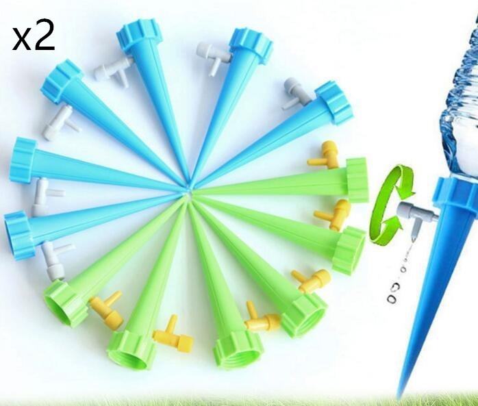 Automatic dripping water spikes for plant watering, compatible with soda bottles, easy to install for efficient irrigation.