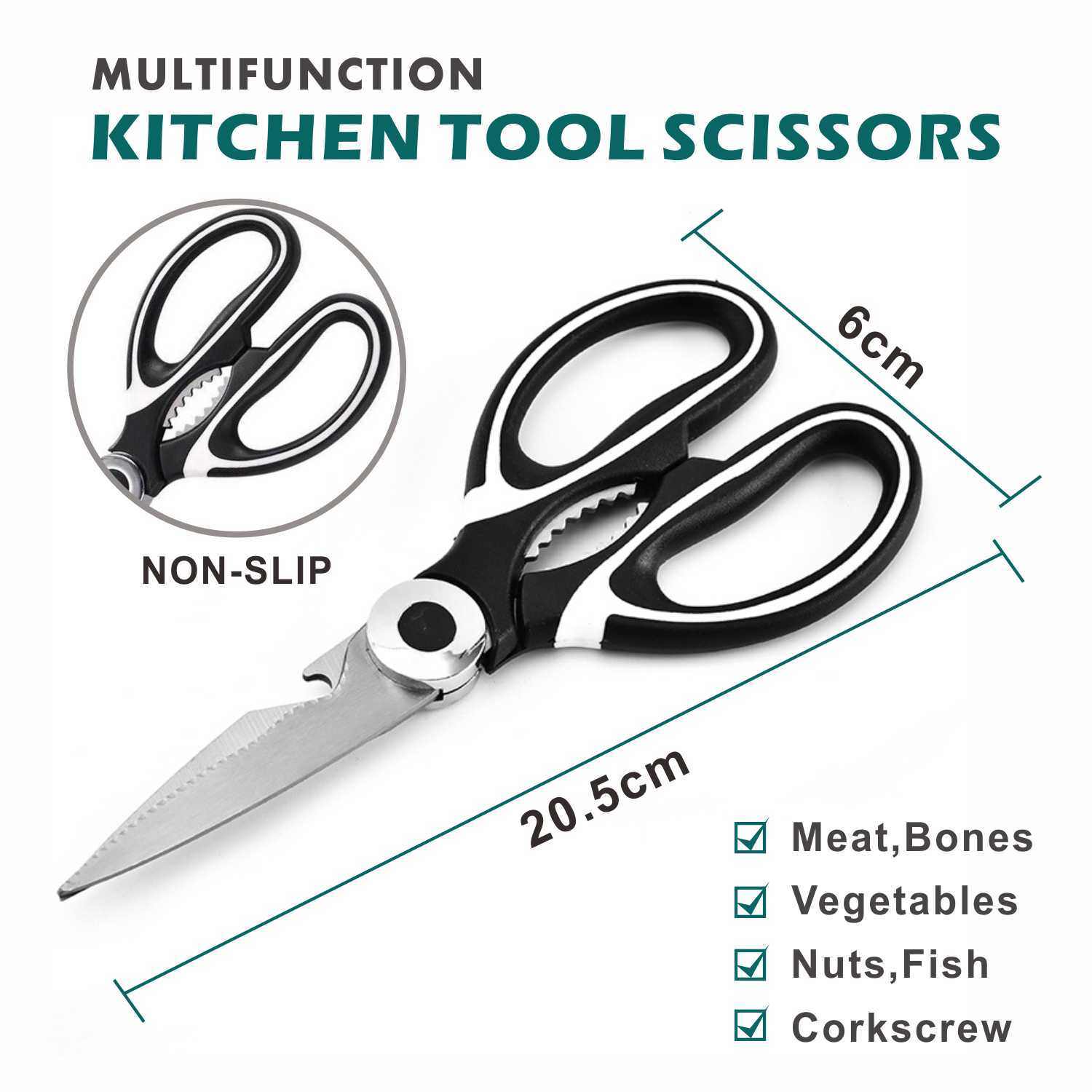 Multifunctional kitchen tool scissors with non-slip grip and stainless steel blades, ideal for cutting meat, bones, vegetables, nuts, and fish.