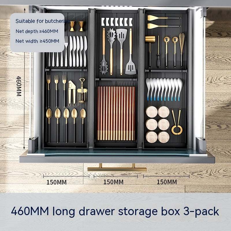 Kitchen drawer storage box with adjustable partitions and multi-purpose design.