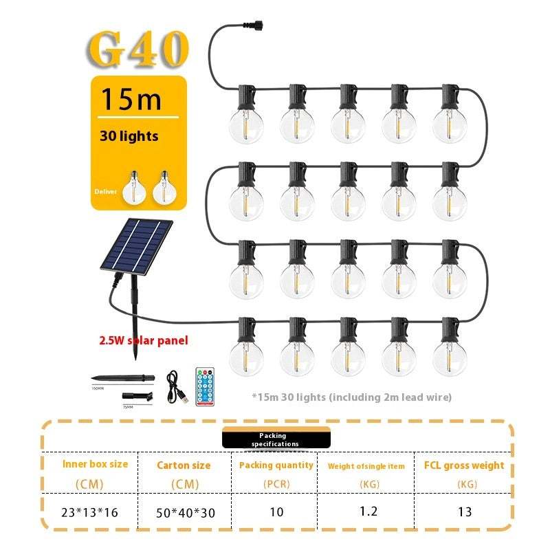 Solar Retro Outdoor Camping Atmosphere Halloween Decorative String Lights with 15m G40 bulbs, solar-powered.