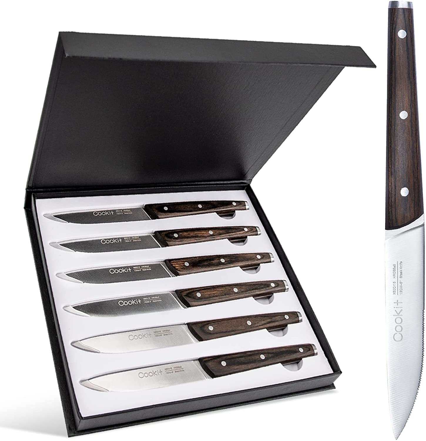 6-piece serrated steak knife set with wooden handles in elegant gift box.