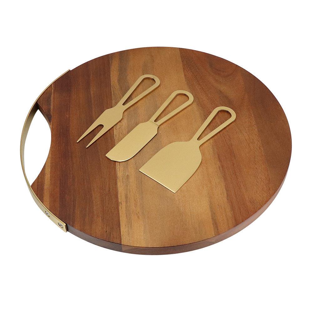 Cheese board set with three stainless steel knives on acacia wood.