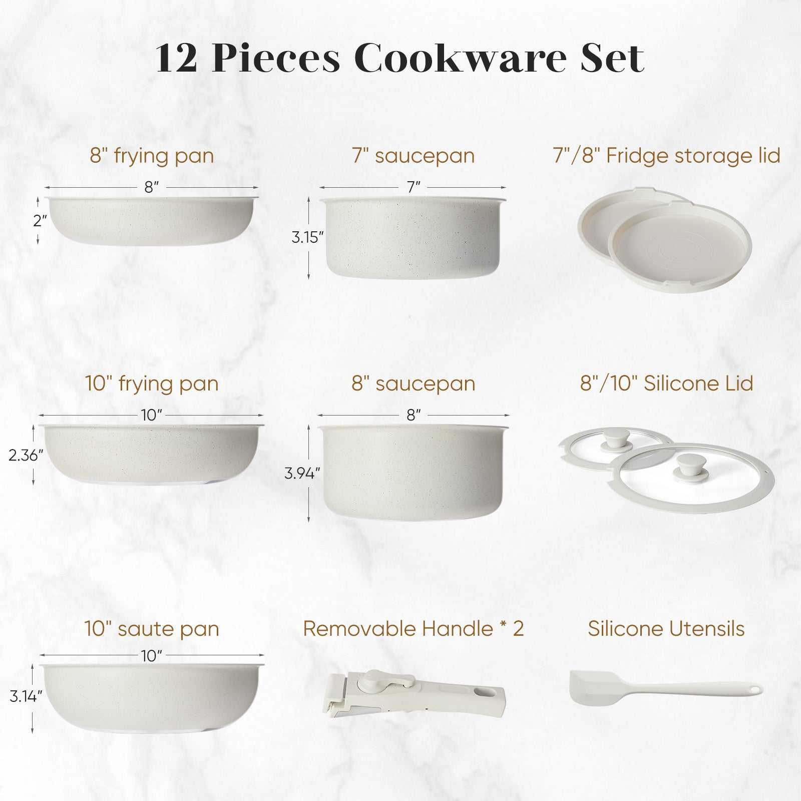 12-piece non-stick cookware set with frying pans, saucepans, lids, removable handles, and silicone utensils.