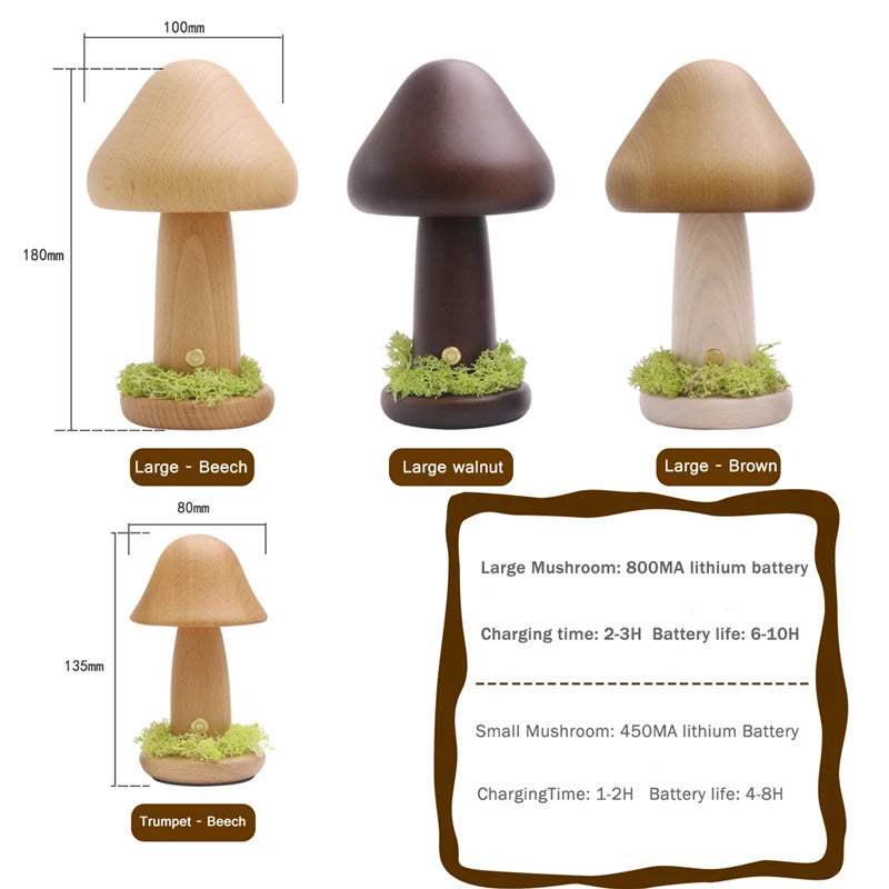Twisted Mushroom Night Lamp in various wood finishes with touch feature, stylish design.