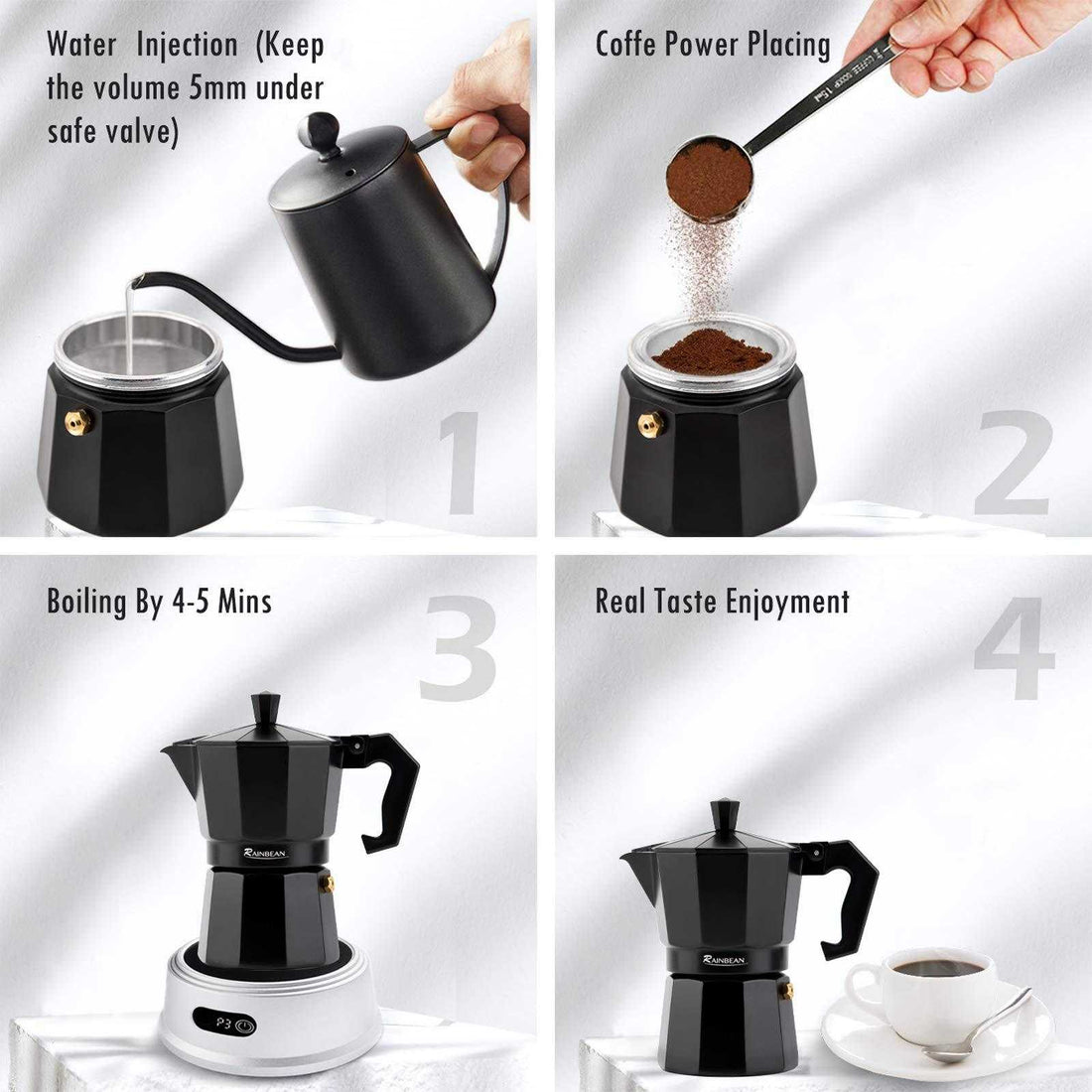 Stovetop Espresso Maker with black aluminum design, demonstrating water injection, coffee powder placing, and boiling process for authentic espresso enjoyment.