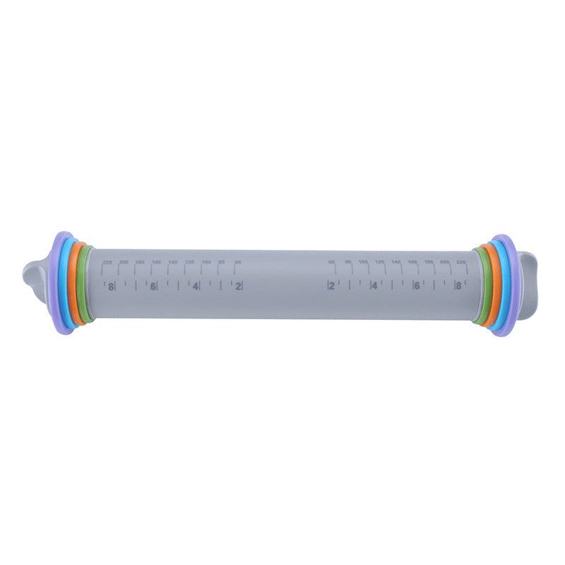 Adjustable thickness rolling pin with colorful rings and measurement markings, ideal for baking.