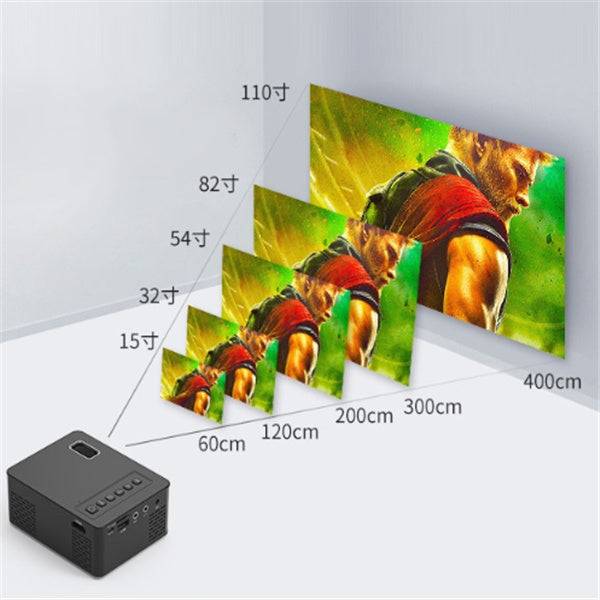 Smart USB projector displaying various screen sizes on a wall.