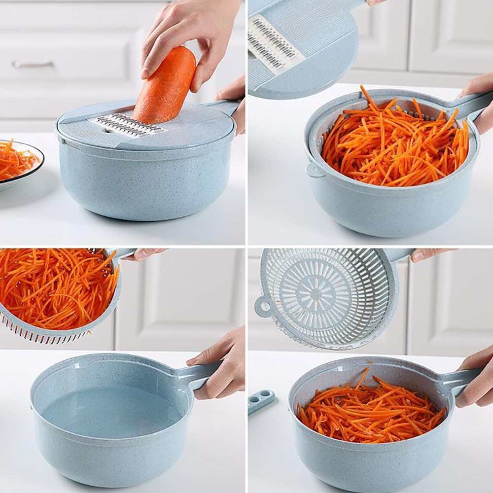 8 In 1 Mandoline Slicer for shredding carrots with strainer and grater in kitchen use.