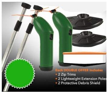Cordless lawn trimmer with lightweight extension pole and protective debris shield.