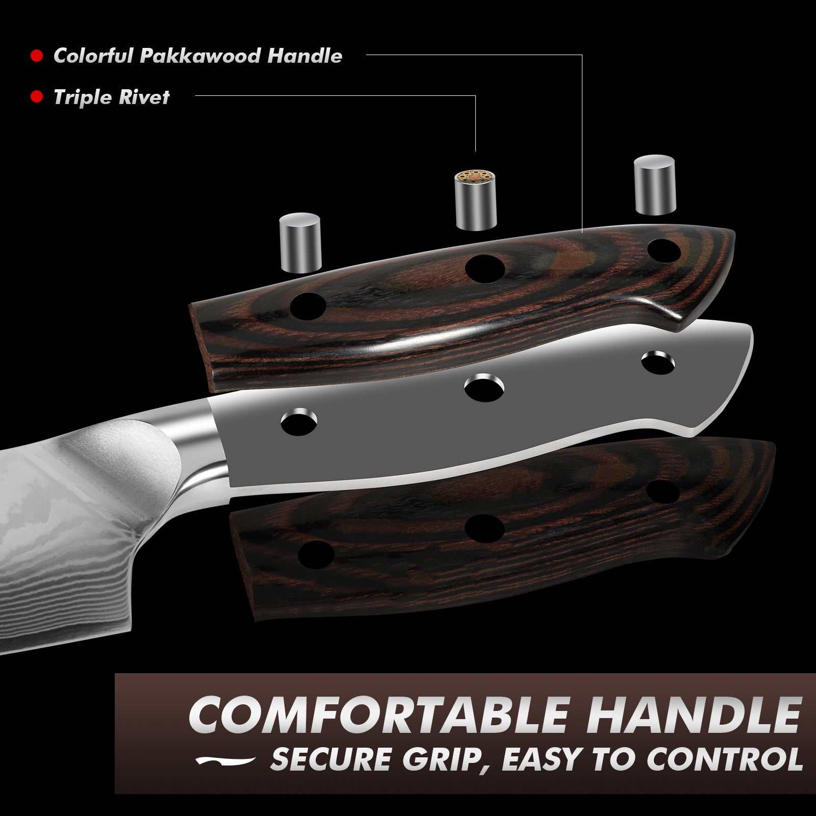 Colorful pakkawood handle of 8 inch Japanese chef knife with triple rivet design for a secure and comfortable grip.