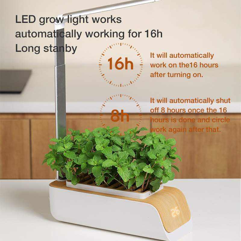 Desk lamp hydroponic smart LED grow light for indoor herb garden with automatic 16-hour cycle.