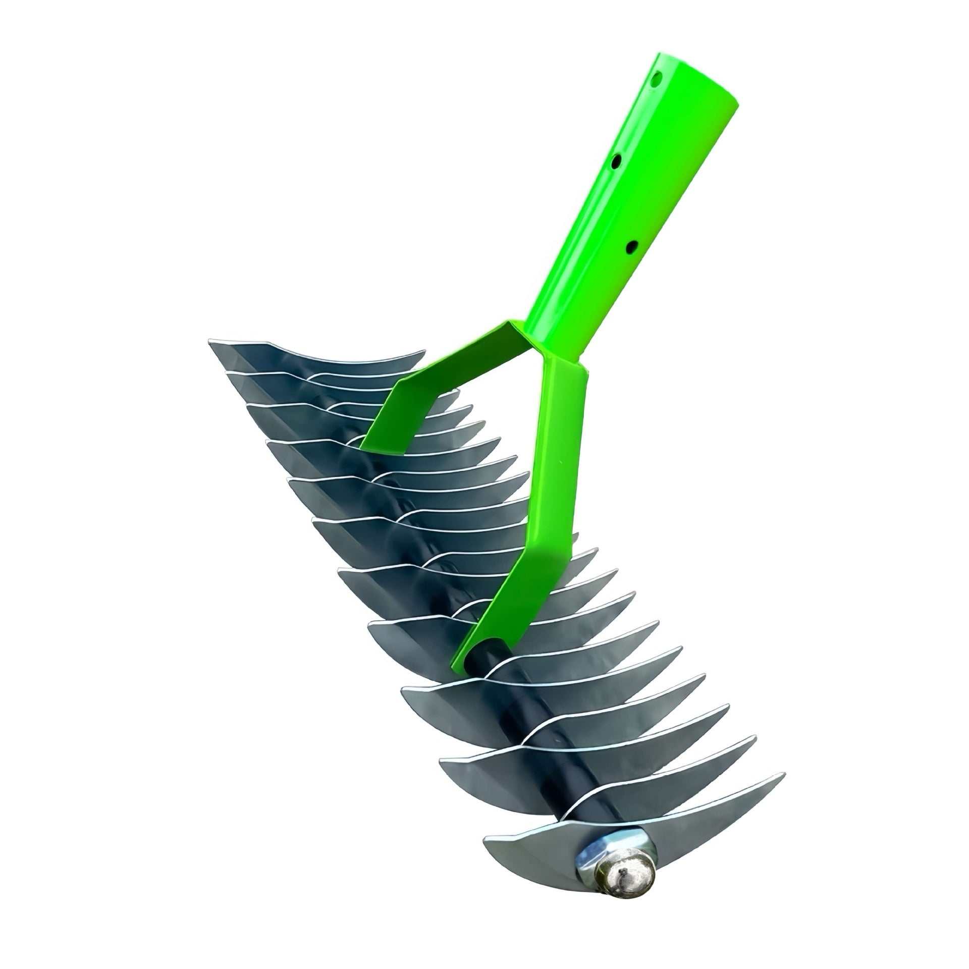 Gardening tools lawn hay rake with carbon steel blades and green handle.