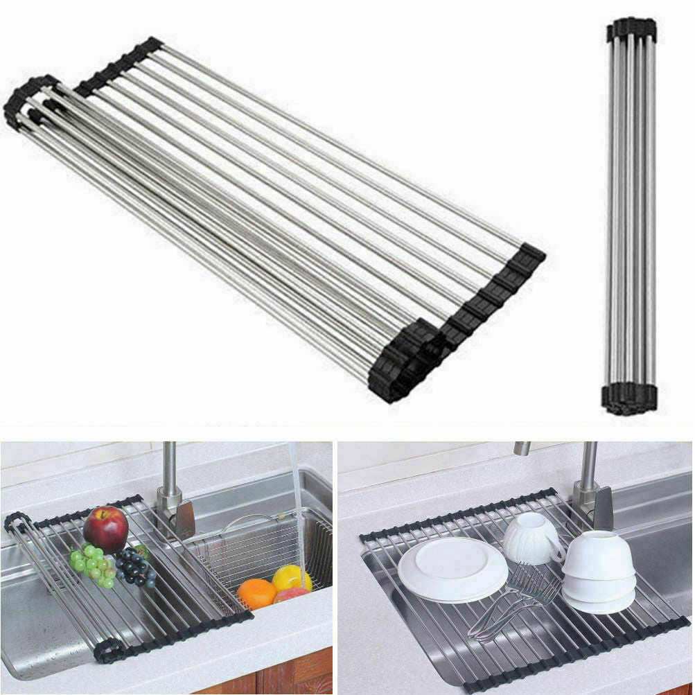 Kitchen stainless steel sink drain rack roll-up dish drying mat for efficient dish drying and counter space saving.