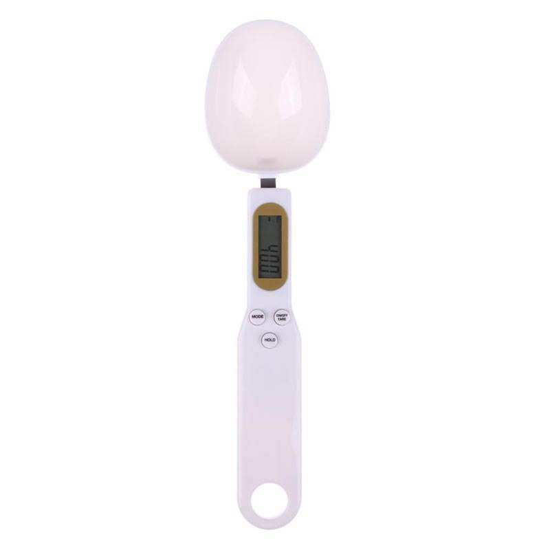 LCD digital kitchen scale with spoon, white ABS plastic, LCD display, measures up to 500g.