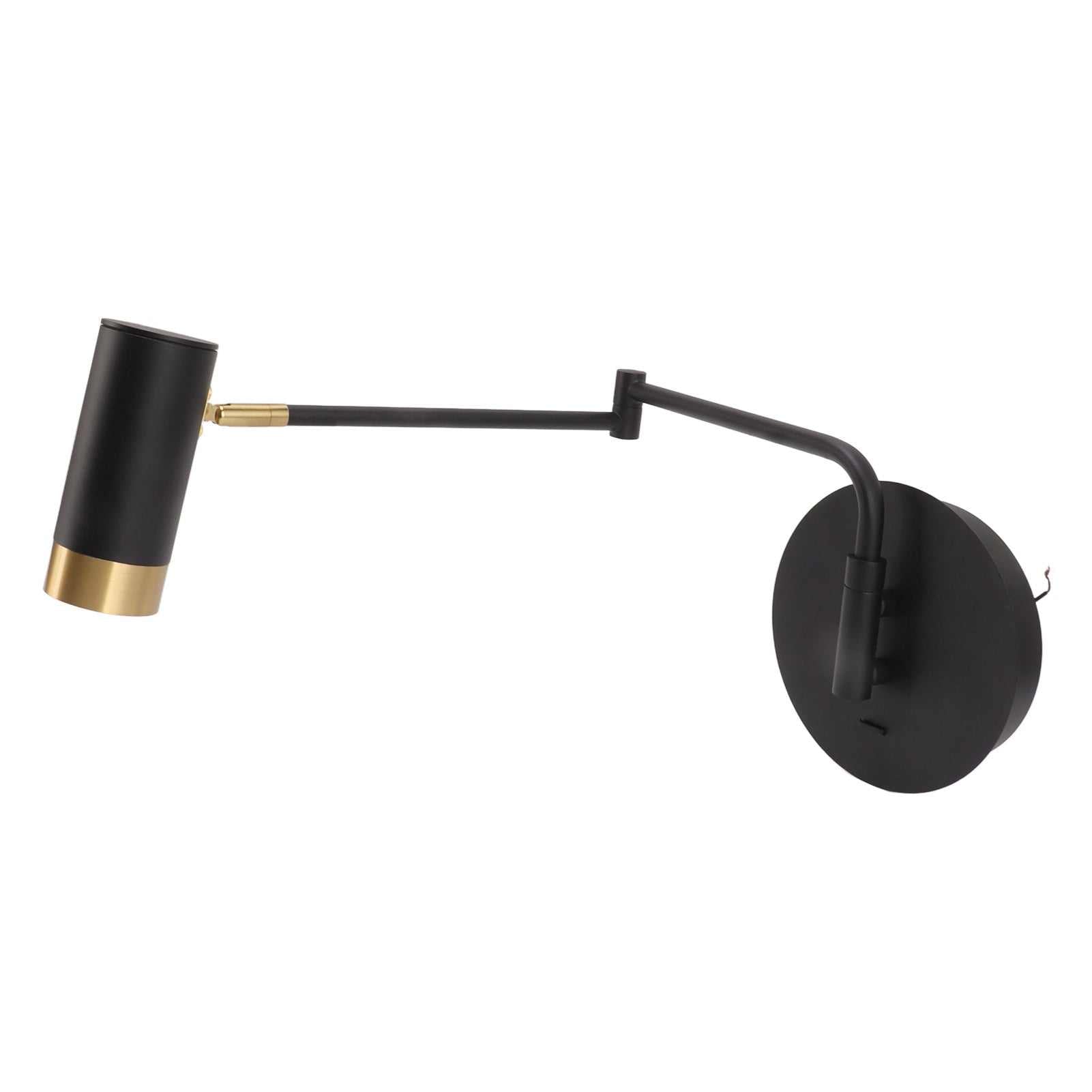 Modern black swing arm wall lamp with adjustable arms, cylindrical lampshade, and black finish, ideal for bedside or reading areas.