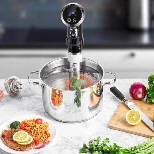 Platinum Precision Sous Vide Cooker Immersion Circulator on kitchen counter with vegetables and a pot.