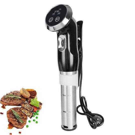 Platinum Precision Sous Vide Cooker Immersion Circulator with digital display and steaks.