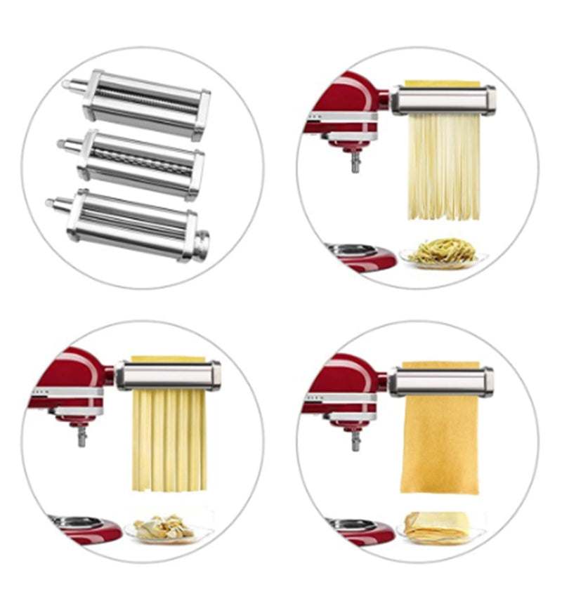 Stainless steel pasta machine accessories showing roller attachments and pasta shapes in use.