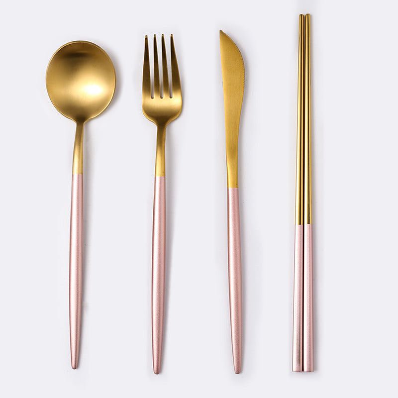 Elegant cutlery spoon set in stainless steel with mirror polishing, featuring spoons, forks, knife, and chopsticks.