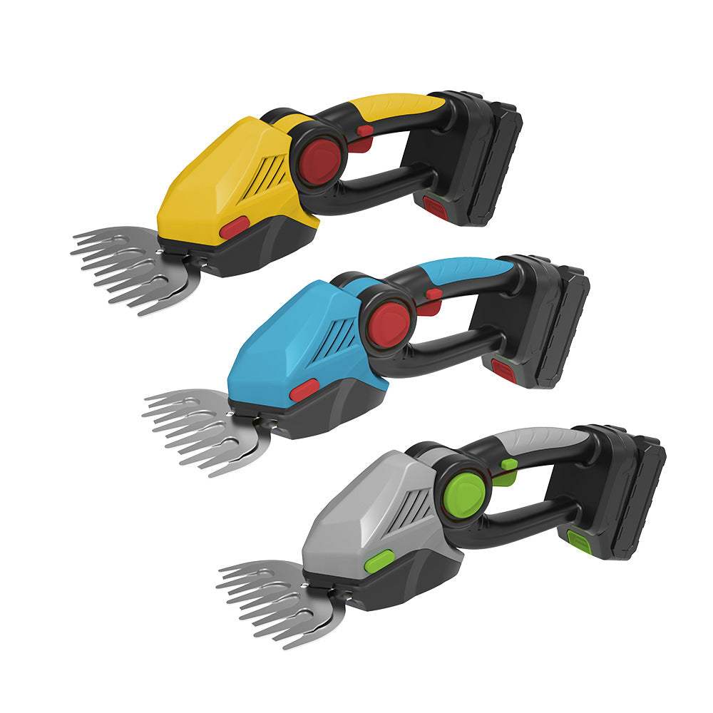 Electric small hedge trimmer in blue, yellow, and silver variants, showing plastic body and ergonomic design.