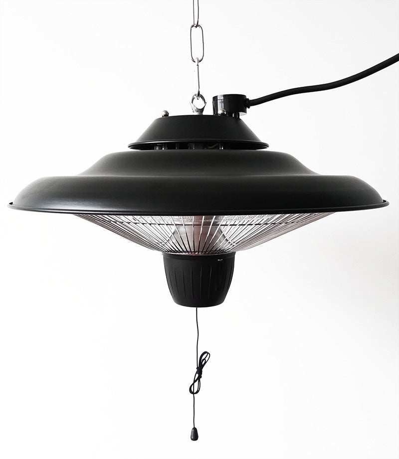 Outdoor Quartz Halogen Tube Heater in black with pull-wire switch and flame retardant material.
