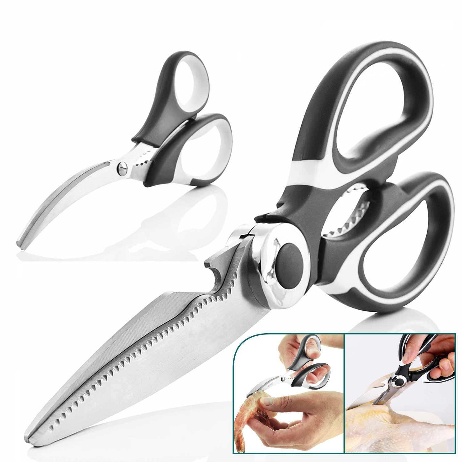Stainless steel kitchen scissors for household use, featuring modern design and chicken bone cutting capability.