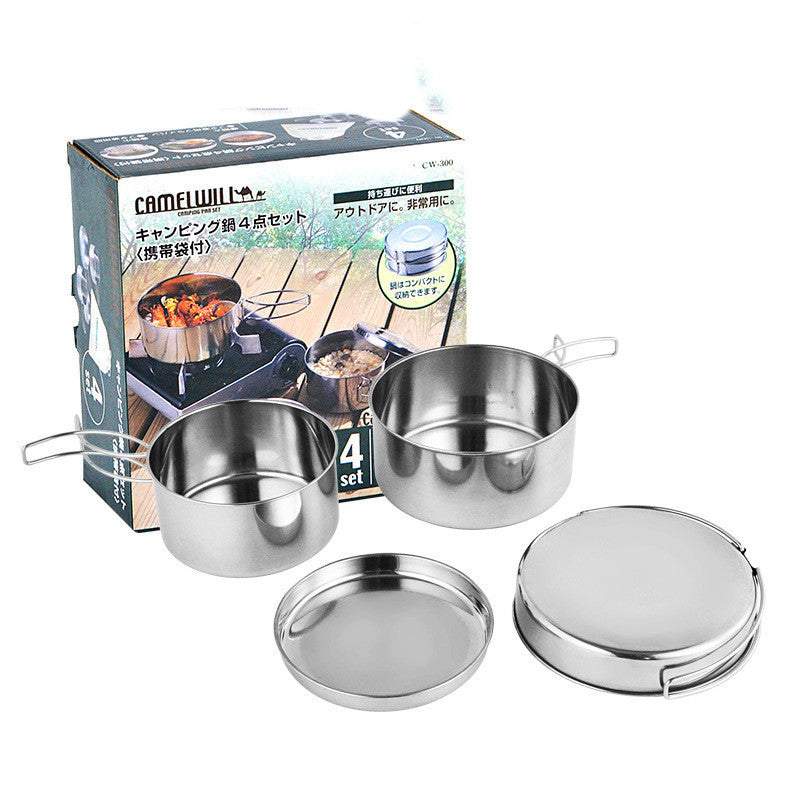 Outdoor stainless steel cookware set for camping, silver, portable and windproof.