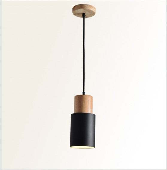 Modern macaron bedside chandelier with wooden and black iron design, adjustable height.