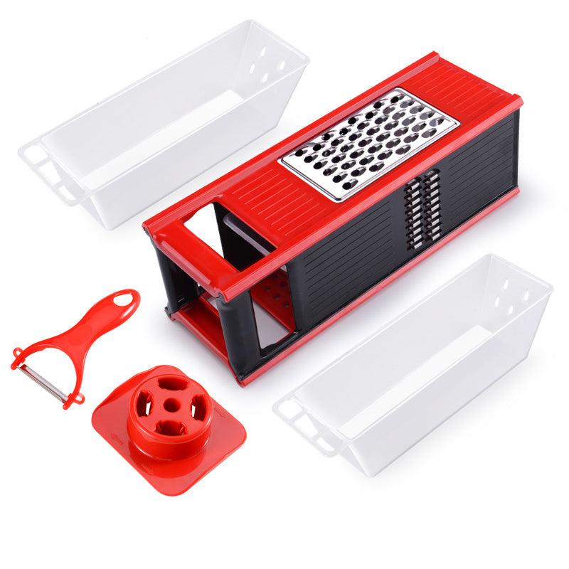 Multifunctional kitchen utensils cutting tool with four-sided blade, drain storage box, and hand guard, in red color.