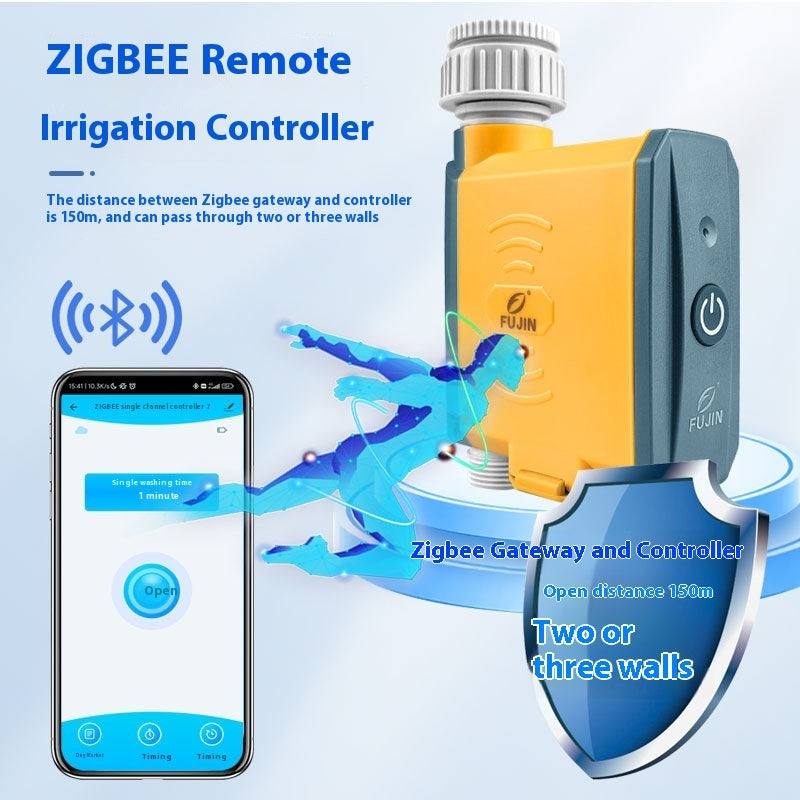 Gateway Irrigation Controller with WiFi connectivity and Zigbee remote shown alongside water flow illustration and smartphone app interface.