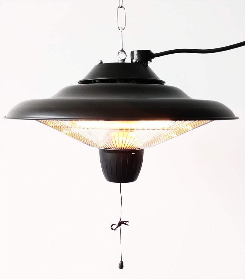 Black Outdoor Quartz Halogen Tube Heater with pull wire switch hanging from a ceiling.