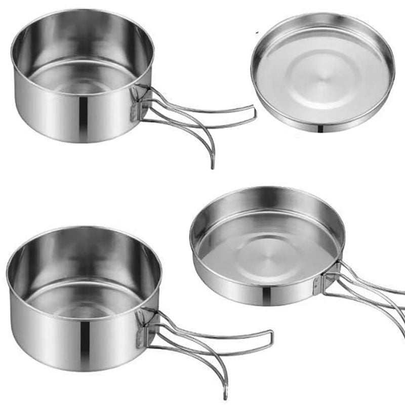 Outdoor stainless steel cookware set for camping, portable and windproof.