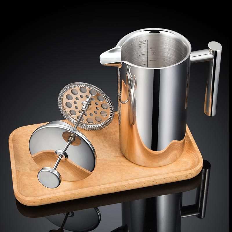 French Press Double-layer Stainless Steel coffee maker on wooden tray