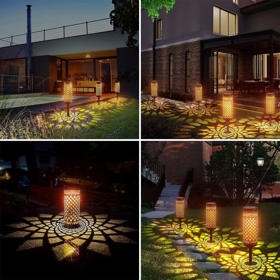 Metal solar-powered lawn lamps illuminating outdoor spaces with warm geometric patterns, IP65 protection.