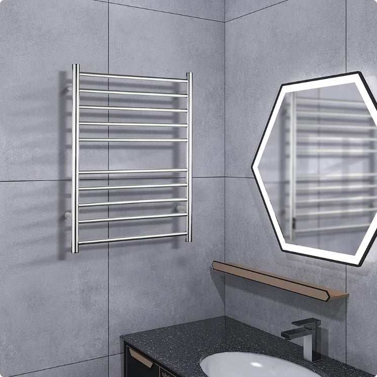 Electric heated towel rack with 10 stainless steel bars, wall mounted in a modern bathroom.